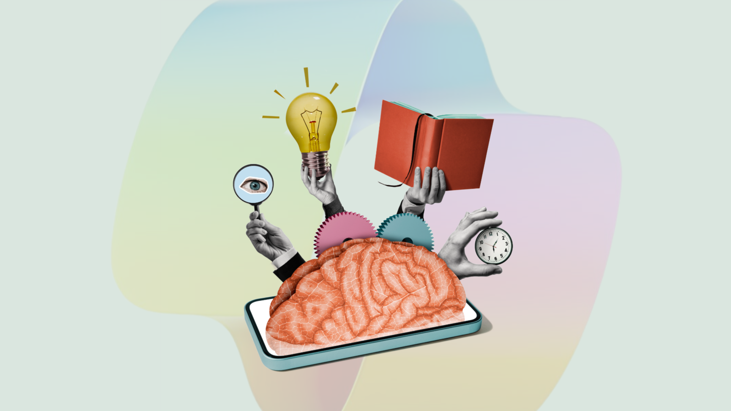 illustration of a human brain resting on top of a smartphone. Surrounding the brain are various items representing different cognitive functions and activities